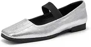 [Beau Today] Womens Ballet Flats, Mary Janes Leather Flats, Square Toe Comfortable Ballet Shoes for Business Casual Wear Silver