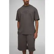 Mens Brown Oversized Peached BM Star Embossed T-Shirt & Drop Crotch Shorts Set