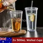 2x 16oz 500ml Tumbler Tumblers Cup With Straw Lids Reusable Double Walled Mug AU