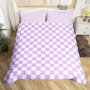 Manfei Geometric Checkerboard Kids Duvet Cover Set Twin Size,Plaids Grids Checks Squares Patchwork Bedding Set,Girls Boys Room Decor,Modern Chic Purple Dreamy Quilt Cover,1 Pillowcase(No Comforter)