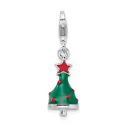 Sterling Silver Amore La Vita Rhodium-Plated Polished 3-D Enameled Christmas Tree Charm With Fancy Lobster Clasp