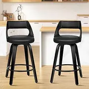 ALFORDSON Bar Stools 2X Swivel Kitchen Stool 65cm Seat Height Wooden Counter Stool with Footrest and Adjustable Leg Levelers Leather Dining Chairs for Home Bar Dining Room (Eden All Black)