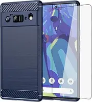Asuwish Phone Case for Google Pixel 6 Pro with Tempered Glass Screen Protector Cover and Cell Accessories Soft TPU Slim Silicone Pixel6Pro Pixel6 XL 6XL Pixle 6Pro Women Men Carbon Fiber Dark Blue