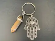 Hamsa Evil Eye Gemstone Tiger Eye Keyring Key Ring Chain Hand Mati Brown Stone