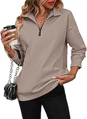 [OULIWANGLUO] Women's Long Sleeves Zip-Up Dropped Shoulder Sweatshirt Quarter-Zip Pullover Shirts Casual Loose Lapel Solid Color Tops