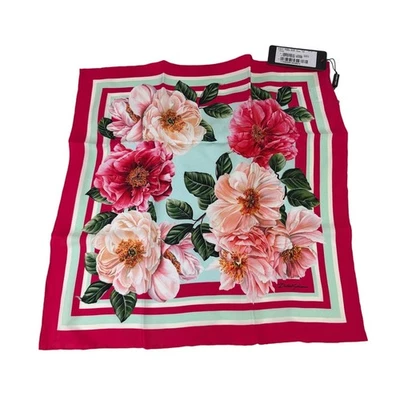 DOLCE & GABBANA SILK SCARF WITH CAMELLIA PRINT PINK WHITE NEW IN BOX *
