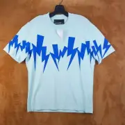NEIL BARRETT Shirt Mens Small Blue Pullover Crew Jumbled Lighting Bolts Tee