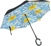 Double Layer Inverted Umbrella Cars Reverse Umbrella Painted Daisy Flower Windproof UV Proof Travel Outdoor Umbrella