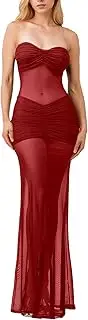 Women’s See Through Mesh Maxi Dress Sweatheart Neck Patchwork Slim Fit Night Out Seaside Long Dresses