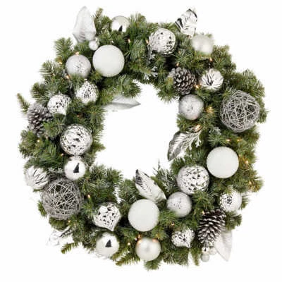 32" Pre-Lit Silver Ornament Wintery Pine Artificial Christmas Wreath NEW