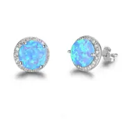 2PCS Copper Stud Earrings Round Blue Opal Earrings with Jewelry Gift