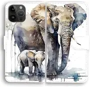 Flip Wallet Phone Case for Apple iPhone Series - Mother Elephant Sketch & Young Calf Drawing Theme Print (iPhone SE 3rd Generation)