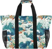 [sanluoli] Large Tote Bag For Women Collapsable Beach Totes Bags Waterproof Canvas Car Totes, Doodle Ocean Wave, 1 size