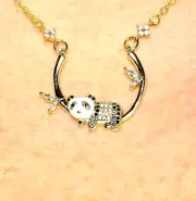 Black White Panda Bear Necklace Pendant CZ Statement Animal Unique Gold-Plated