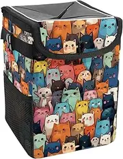 Car Trash Can with Lid and Storage Pockets Leak-Proof Organizer,Waterproof Garbage Can,Colored Cartoon Seamless Cats