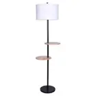 Metal Floor Lamp Shade with Black Post in Round Wood Shelves
