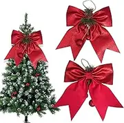 4Pcs Red Glitter Christmas Bows with Pine Cones and Leaves, 9.8 x 11.8 Inch Hanging Ornaments for Home, Stairs, Doors, Trees, Wreaths