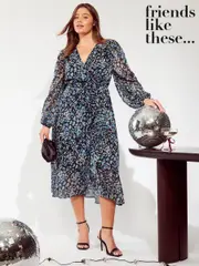 Friends Like These Blue Curve Long Sleeves Printed Wrap Midi Dress (AD8003) | $88