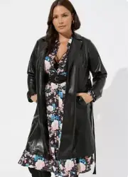 Torrid Long Faux Leather Trench Coat Jacket Front Tie Women's 2