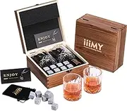 Whisky Stones and Glasses Gift Set, Whisky Rocks Chilling Stones in Handmade Wooden Box– Cool Drinks Without Dilution – Whisky Glasses Set of 2, Dad, Husband, Men Gift – iiiMY