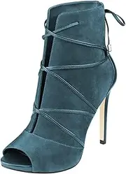 [YDN] Women Peep Toe Faux Suede Ankle Booties Platform Stiletto High Heels Lace Up Cutout Comfort Shoes 4-15