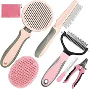 Dog Brush for Shedding, 7 PCS Dog Grooming Brush Kit Including Undercoat Rake, Slicker Brush, Dematting Comb, Nail Clipper, Bath Brush for Long & Short Haired Dogs, Cats (Pink)