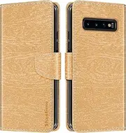 Striped PU Leather Wallet Phone Case Compatible with Samsung Galaxy S10 Plus, Slim Magnetic Flip Cover with Card Slots and Stand Function (Gold)