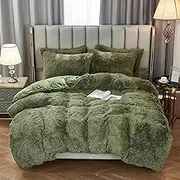 WERDIM Shaggy Fluffy Faux Fur Duvet Cover Set Button Closure Velvety Bedding Set Comforter Cover with Pillowcases Sage Green, King Size