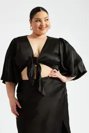 Black Tie Front Bolero Satin Flare Sleeve
