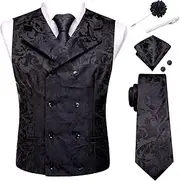 [Hi-Tie] Double Breasted Suit Vest Men Paisley Floral Waistcoat Tie Lapel Pin Handkerchief Cufflinks Tie Clip Suit Tuxedo 6PCS