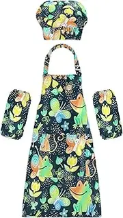 AIXIWAWA Kids Apron Chef Hat Set, Child Kitchen Bib Aprons Adjustable for Cooking Baking Painting (Neon Frog Butterfly)