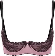 [Sinleey] Women's Lace Sheer 1/4 Cups Bra Tops Sheer Floral Push Up Underwire Unlined Brassiere Underwear