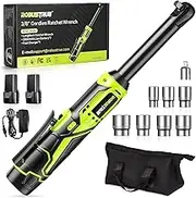 3/8" Ratchet Wrench with 2x2.0Ah Battery, 6-inch Extended Ratchet Wrench, 44 ft·lb 400 RPM Cordless Ratchet, Electric Ratchet Driver with Variable Speed, 7 Sockets, LED Light, RH60B