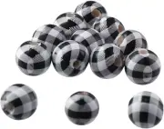 40Pcs 16Mm Buffalo Plaid Wood Beads, Natural Handmade Black White round Checked