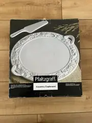 NEW Pfaltzgraff Country Cupboard Cake Plate & Server Dessert White Rustic Simple