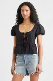 BP. Tie Front Cotton Poplin Top in Black at Nordstrom, Size Small