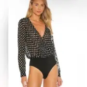 L’ Agence Tasha Semisheer Bodysuit Long Sleeve Metallic Polka Dots Gold Black XS