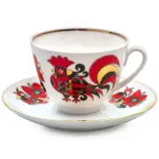 Imperial Porcelain Red Roosters Teacup and Saucer Set LFZ Lomonosov Tea Cup