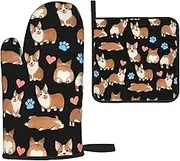 Cute Corgi Dog Heat Resistant Oven Mitts and Pot Holders Sets Non Slip Kitchen Gloves Hot Pads with Inner Cotton Layer for Cooking BBQ Baking Grilling