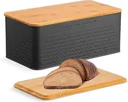 CARLA HOME Bread Bin Box Container with Bamboo Lid, Black Bread Storage Box with Bamboo Chopping Board for Kitchen Countertop Storage Organiser (Black)