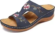 [Gikleihwy] Women's Embroidered Flower Flat Slippers Ladies Summer Round Toe Slip On Open Toe Breathable Sandals Orthopedic Non-Slip Hollow Out Beach Walking Shoes