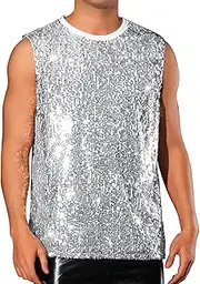 [Lars Amadeus] Sequin Tank Top for Men's Sleeveless Round Neck Glitter Disco Sparkly Metallic Party Tank Top