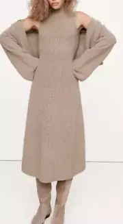 NWT Banana Republic RT$250 Beige Boucle Ribbed Merino-Wool Midi Sweater Dress PL