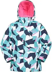 [Mountain Warehouse] Snowdrop Printed Kids Ski Jacket - Waterproof, Integrated Snowskirt, Detachable Hood, Adjustable Cuffs -Best for Snowboarding, Winter Sports
