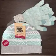 Muk Luks Womens Beanie Hat & Touchscreen Gloves Set - Mint & Grey Fair Isle OSFM