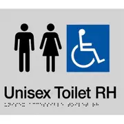 AS1428 Compliant Toilet Sign SILVER Unisex Disabled Braille RH Transfer MFDTRH