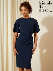 Friends Like These Navy Petite Flutter Sleeve Knot Waist Detail Midi Tailored Dress (AP6111) | $102