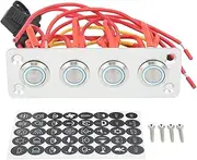 4 Gang Push Button Switch Panel, 4 Gang Stainless Steel Switch Panel, Pre Wired with Blue LED Indicator, with 40 Stickers, DC 12V 16A, for Marine Truck Yacht Vehicles