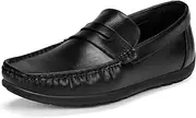 [HEEZ] Men's Loafers, Casual Slip On Shoes, Soft Penny Loafers, Comfortable Flats Dress Shoes, Leather Driving Boat Shoes with Arch Support, Square Toe, TPR Anti-Slip Outsole, Black, 10