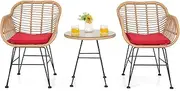 Costway 3 Pieces Patio Bistro Set, Outdoor PE Rattan Armchairs with Tempered Glass Coffee Table, Patio Conversation Set with Soft Seat Cushions & Non-Slip Foot Pads for Backyard Balcony Poolside